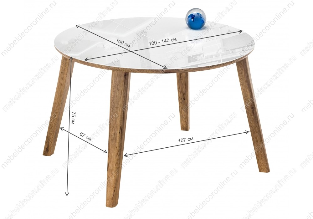 Стеклянный стол белый / дуб монтана раскладной 100+40