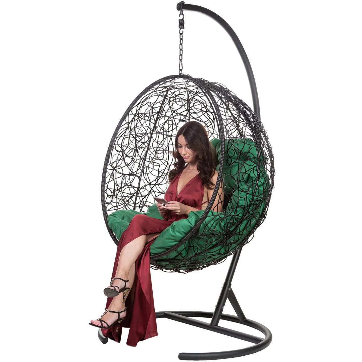 Подвесное кресло из ротанга "Kokos Black" Зеленая подушка
