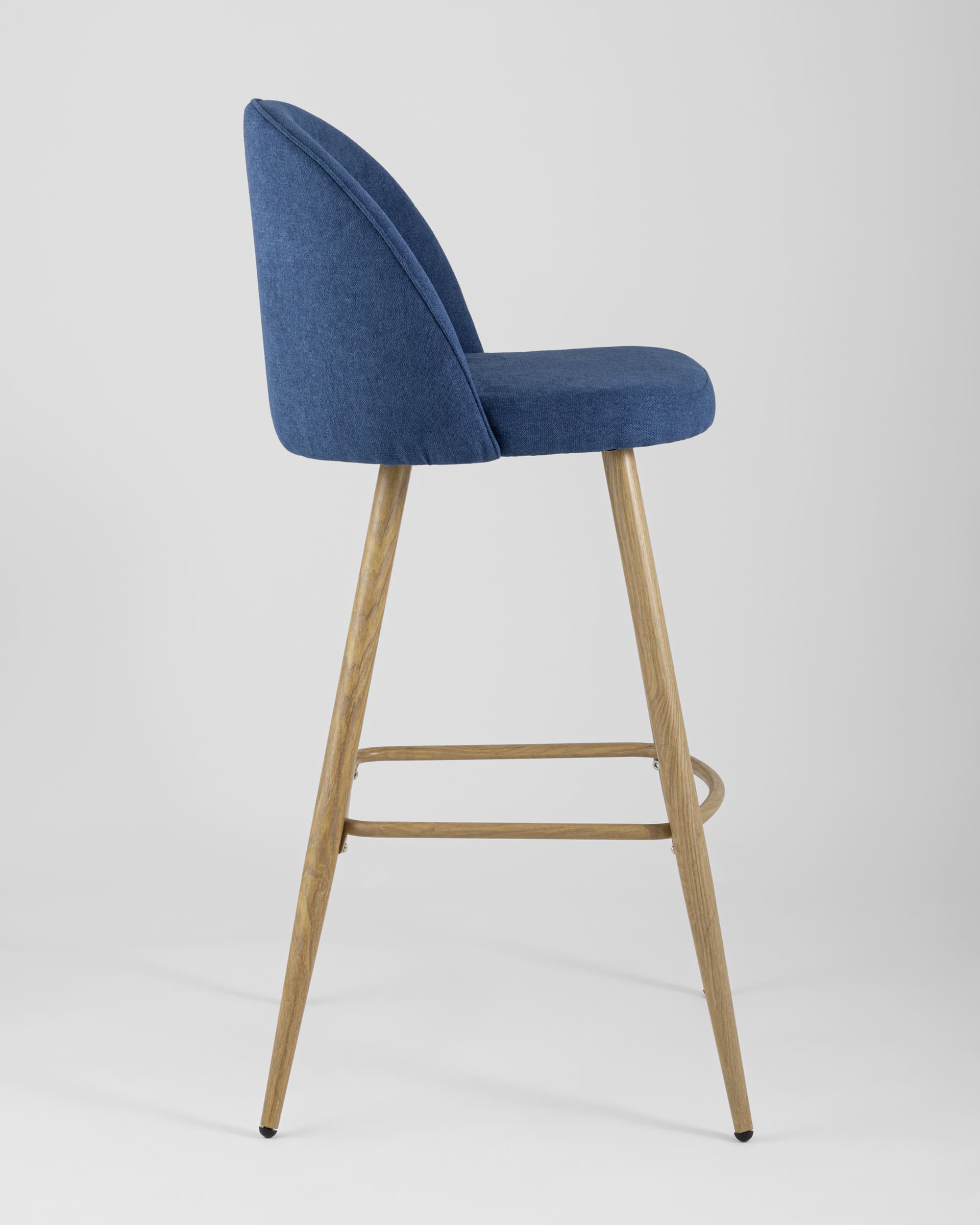 Барный стул Лион обивка тканевая шенилл синего цвета, ножки под цвет светлого дерева из металла