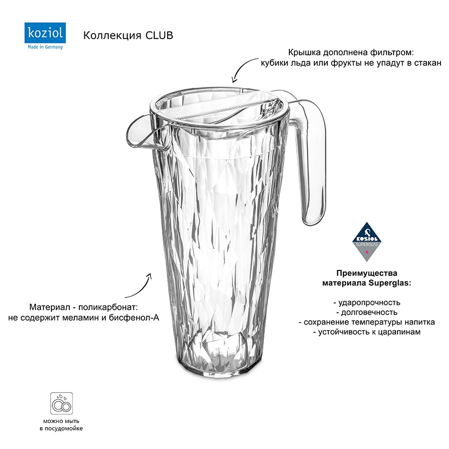 Кувшин club, superglas, 1,5 л, прозрачный